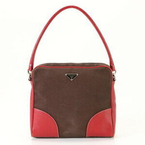 Prada Triangle Logo Leather Canvas Shoulder Bag Tote Handbag Red Brown